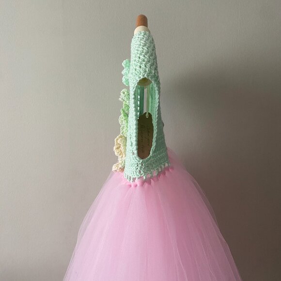 Handmade Children's Cotton Crochet Light Mint Green Pink Tulle Tutu Dress - Picture 11 of 14